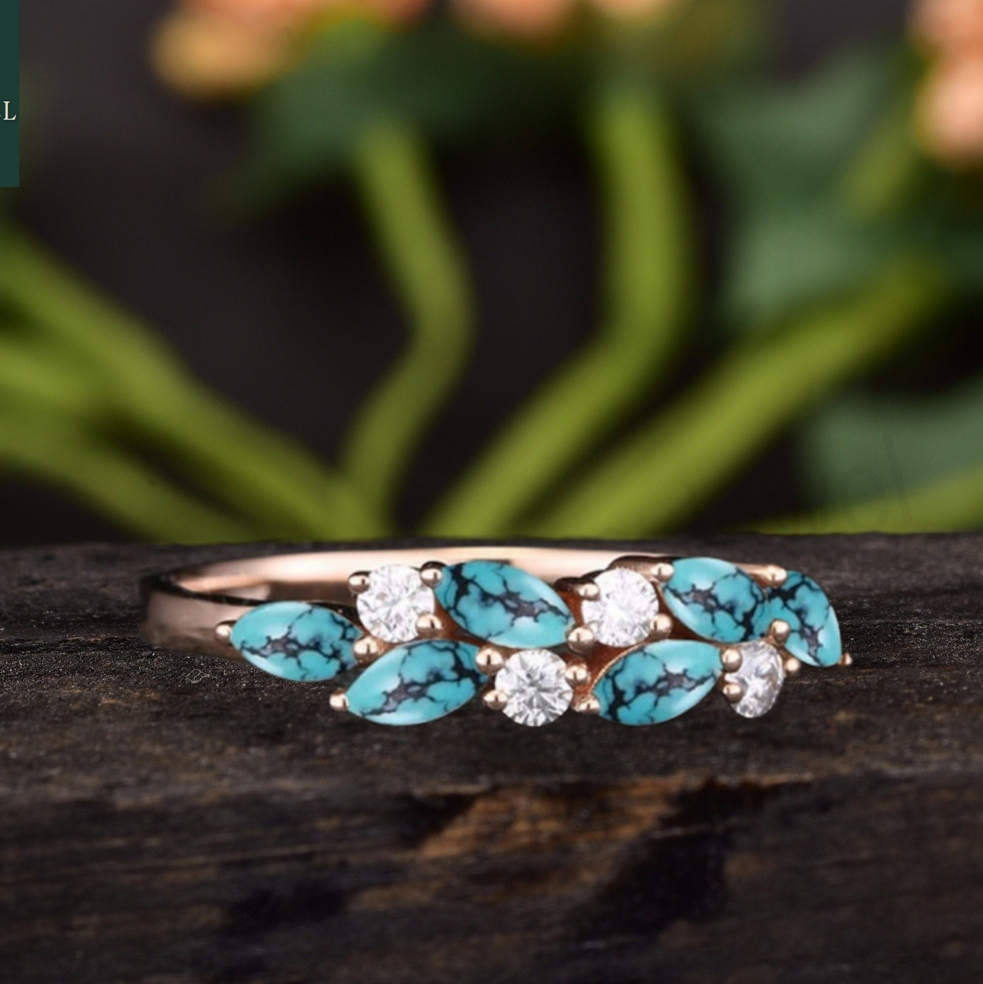 Antique Turquoise Wedding Band Women Rose Gold Vintage - Etsy
