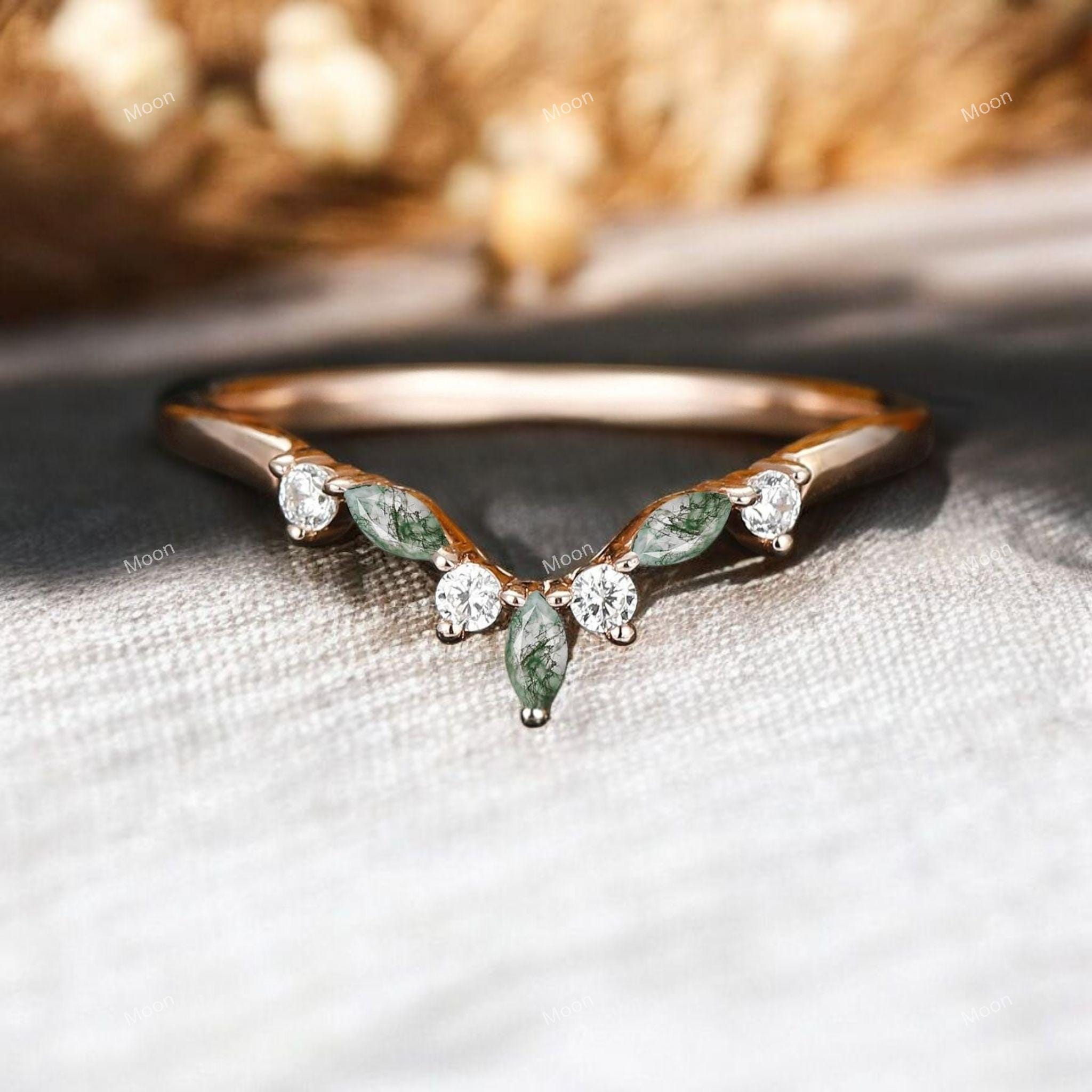 Alliance assortie en agate mousse Moissanite pour bague de fiançailles ronde/marquise, bague en V avec chevron, courbe minimaliste, alliances empilables
