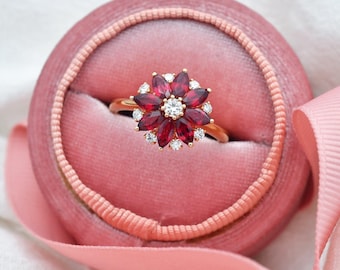 Handmade Ruby Lotus Flower Ring: Sterling Silver Floral Engagement Ring