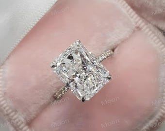 Anillo de moissanita talla radiante de 5 quilates, anillo de compromiso radiante, anillo de boda con pavé y halo oculto, anillo con engaste clásico, anillo de novia