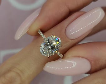 2.5 CT Oval Moissanite Engagement Ring: 14K Gold Hidden Halo Solitaire For Her