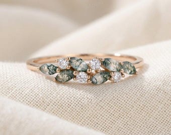 Unique delicate moss agate promise ring gift for her, Minimalist 14k rose gold moss agate wedding band, Dainty women moss agate ring gold