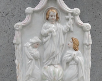 Pia de água benta de porcelana antiga - Decoração religiosa de parede