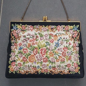 Vintage Micro Petit Point Handbag Evening Bag Needlepoint Purse Floral Design Gift