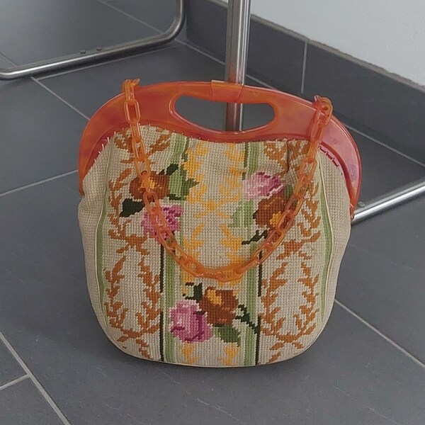 Vintage 1940er Jahre Needlepoint Handtasche Lucite Bakelit Rahmen & Kette Schultertasche GOBELIN Petit Point Geschenk