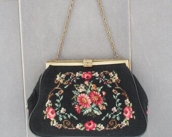Vintage Needlepoint Handbag Petit Point Shoulderbag Dirndle Bag, Cottagecore ,Oktoberfest