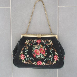 Vintage Needlepoint Handbag Petit Point Gobelin & Brass Shoulderbag 1950s Germany 29 x 20 x 6 cm Cottagecore