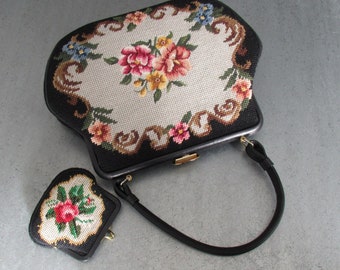 Vintage Needlepoint Handbag & Coin Purse SET ,both Leather Lining, Gift