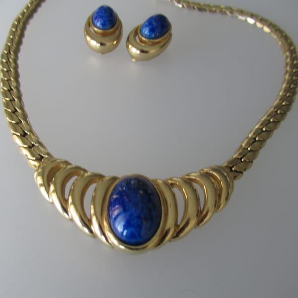 Parure de bijoux vintage signée GROSSE, boucles d'oreilles et collier Lapis Lazuli Glas Henkel & Grosse Allemagne cadeau pour elle
