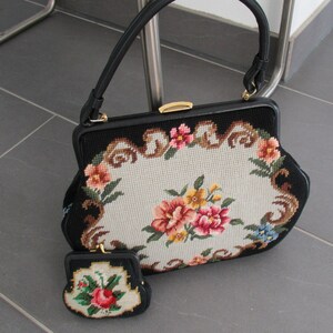 Vintage GOBELIN Handbag + Coin Purse Petit Point Needlepoint BAG SET both parts Leather Lining Mint Condition Gift