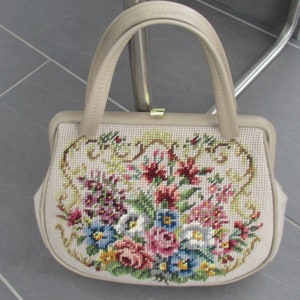 RESERVED for Catia Vintage Needlepoint Handbag 1950s Beige Petit Point Bag Leather Lining