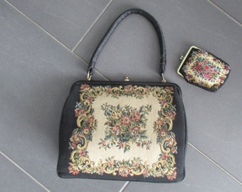 Vintage TAPESTRY HANDBAG & Change Purse 1960s Germany Petit Point Gobelin Bag Shoulderbag