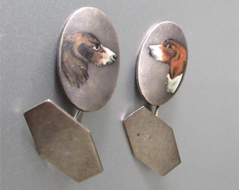 Antieke manchetknopen van 800 zilver, Europees, 1900, handgeschilderde emaille hond, cadeau