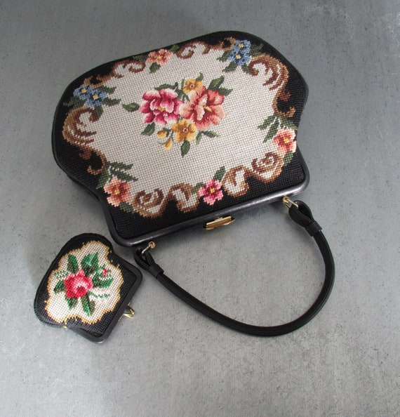 Vintage Needlepoint Handbag & Coin Purse SET ,both Leather Lining, Gift