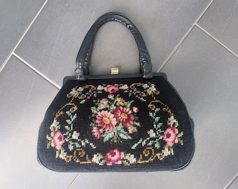 Vintage Needlepoint Handbag: Floral Tapestry Gobelin Bag, Leather Frame