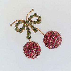 Vintage Brosche rote Kirschen mit Schleife Straß Wunderschön Geschenk für Sie