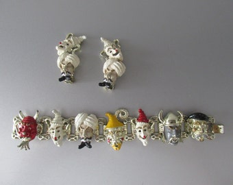 Conjunto de joias vintage com máscara de carnaval CORO: pulseira e brincos figurativos