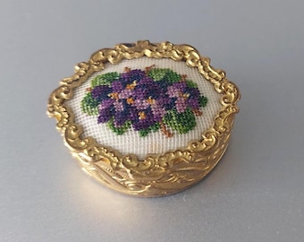 Vintage Petit Point Pill Box: Violet Flower Embroidery