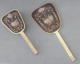 Conjunto de toucador vintage Petit Point, bordado floral marrom