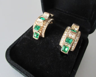 Art Deco Clip On Earrings Green Paste & Rhinestones