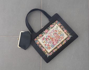 Vintage Petit Point satijnen zijden handtas/avondtas & portemonnee set
