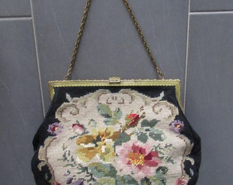 Vintage Needlepoint Gobelin Shoulder Bag Brass Chain and Frame 1950s Germany