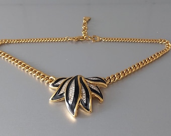 Colar vintage LANVIN Alemanha em esmalte preto com strass, década de 1980, em excelente estado.