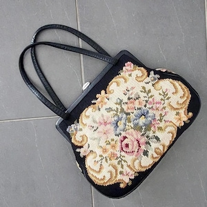 Vintage large Needlepoint Handbag Gobelin & Leather Lining Shoulder Bag 1950s Germany GIFT