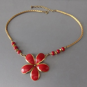 Vintage BALENCIAGA Paris red Flower Necklace Enamel 1970s Beautiful Gift