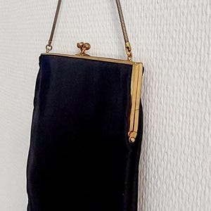 Vintage black Evening Bag Handbag Silk Satin Rhinestones Kiss Clasp