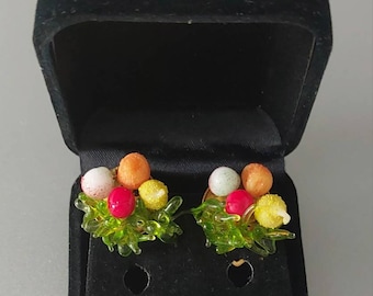 Vintage Fruit Salad Earrings Venetian Murano Glass Delicate Clip-On Earrings Italy 1930s