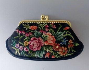 Vintage Petit Point Needlepoint & Leatherr Coin Purse, Gift