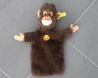 Fantoche de mão vintage STEIFF Jocko com botão e etiqueta, 30 cm de tamanho, fabricado na Alemanha. Presente.