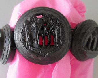 Pulseira antiga vitoriana da Abadia da Igreja do Castelo da Inglaterra, década de 1880, pulseira elástica de carvalho entalhado à mão, presente de luto.