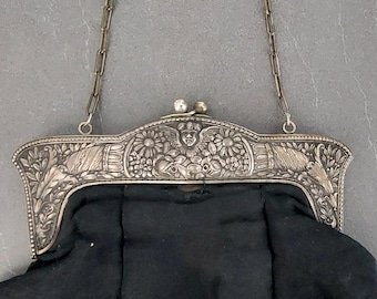 Sac à main ancien en argent marqué 800 Cadre en argent Angel Putto des années 1890, Allemagne