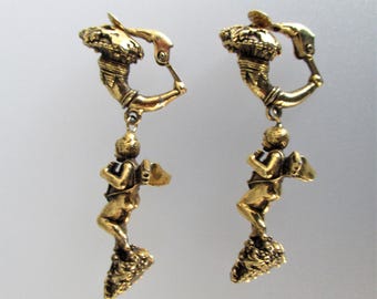 Vintage JEWELCRAFT Drop Dangle Earrings 5 cm Cherub Angel Cupid Putto Hermes Faun, Gift