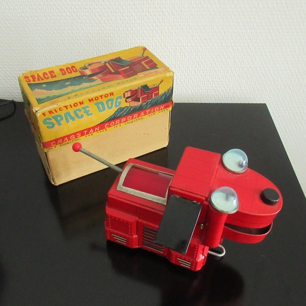 KO YOSHIYA Space Dog in Box 1960er Jahre Japan Roboter Vintage Reibung Blechspielzeug Extrem selten