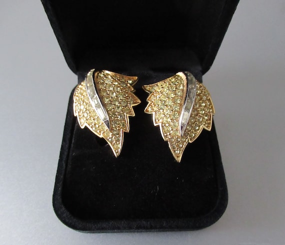 Rare 1940s JOMAZ Earrings Citrin color Rhinestones Leave, Gift