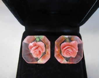 1940s Vintage Earrings Reversed Carved Lucite Romantic Roses Gift