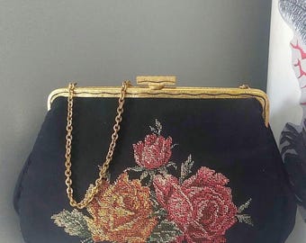 Vintage Petit Point borduurtas avondtasje jaren 50 Duitsland Rose Design CADEAU