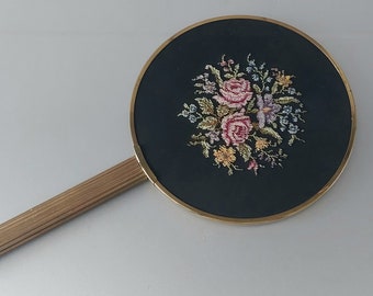 Vintage 1940s HAND MIRROR Petit Point Embroidery Vanity Dressing Mirror 30 cm GIFT