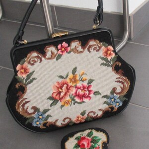 Vintage Needlepoint Handbag & Coin Purse SET ,both Leather Lining, Gift image 8