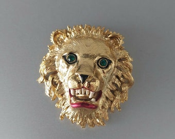 Vintage broche LION Head 1970s Inglaterra oro Rhinestones Declaración REGALO
