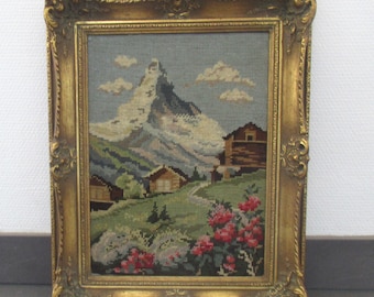 Large Vintage Framed Needlepoint Gobelin 1950s Germany Matterhorn Swiss Alpes Scenery