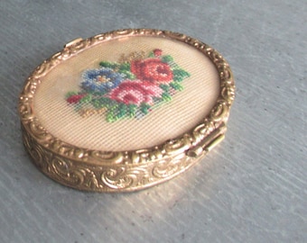 1930s Vintage Powder Compact Case Petit Point Embroidery & Brass Bewelled Glass Floral Design GIFT