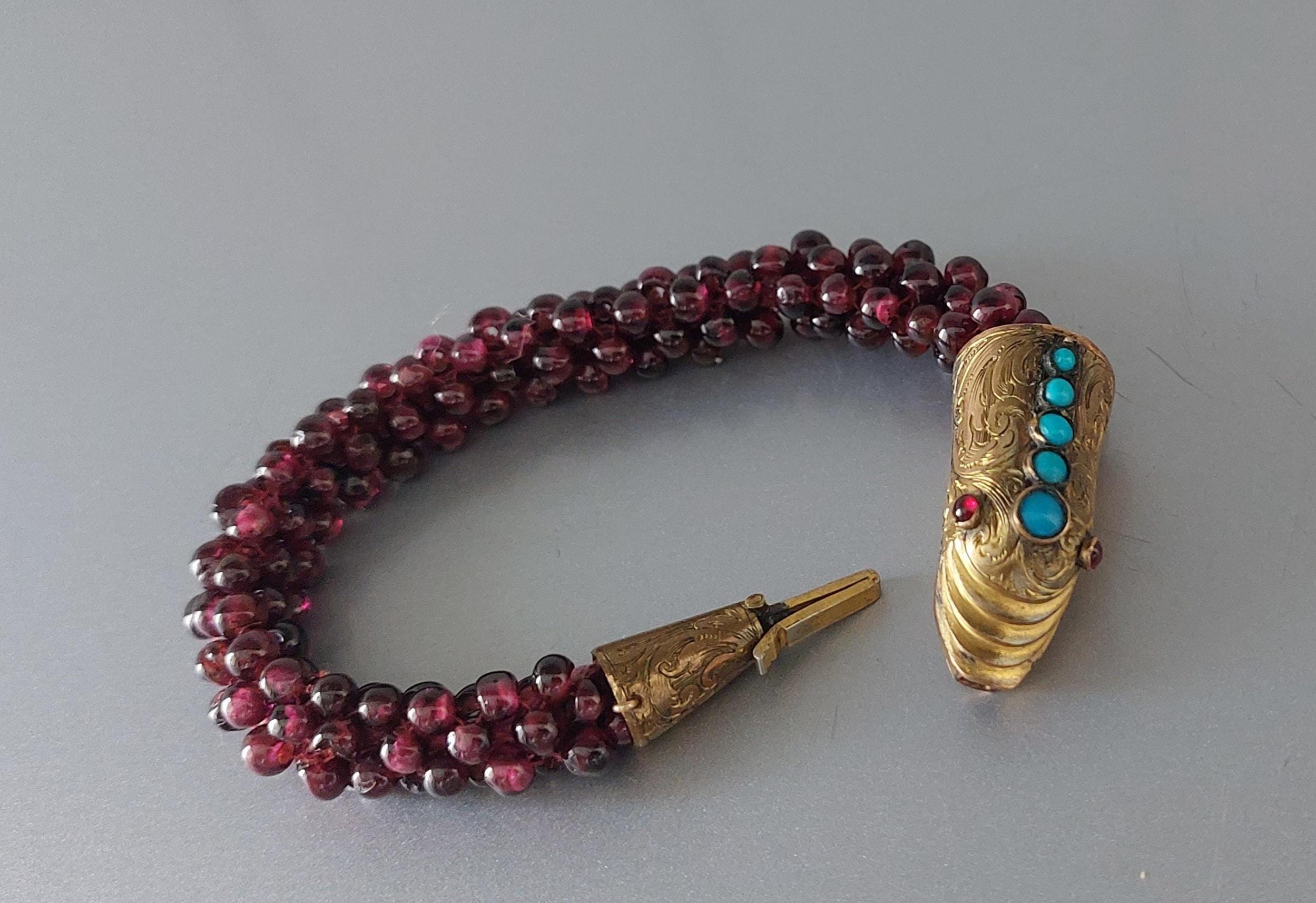 RESERVED for Stella Victorian Snake Bracelet & Turquoise and Garnet Beads England 1880s Snake Clasp Beautiful Gift