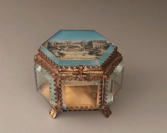 Antieke Franse sieradenkistdoos Marseille 1900 betoverd lichtblauw glas ormolu cadeau