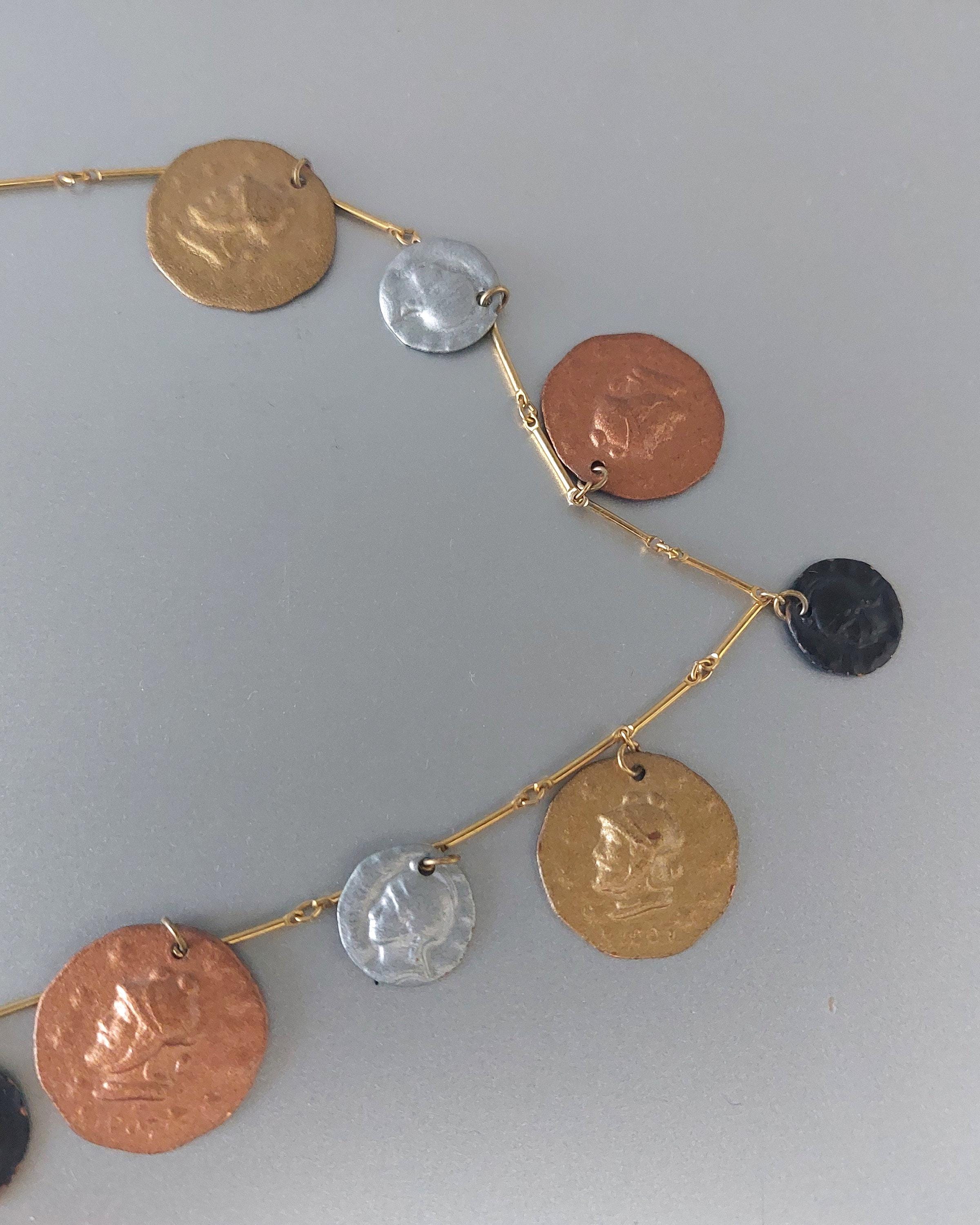 ヴィンテージ ドナテッラ・ペリーニ コインネックレス ローマギリシャ風コインチャーム フェイクゴールド シルバー 銅 ジプシースタイル 78 cm  ギフト - Etsy 日本