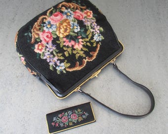 Bolsa vintage grande Petit Point + espelho de mão com pente, bolsa de ombro colorida Gobelin