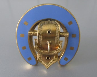 Antique Victorian Brooch HORSESHOE BUCKLE Pinchbeck light blue Enamel England 1880s Beautiful Gift